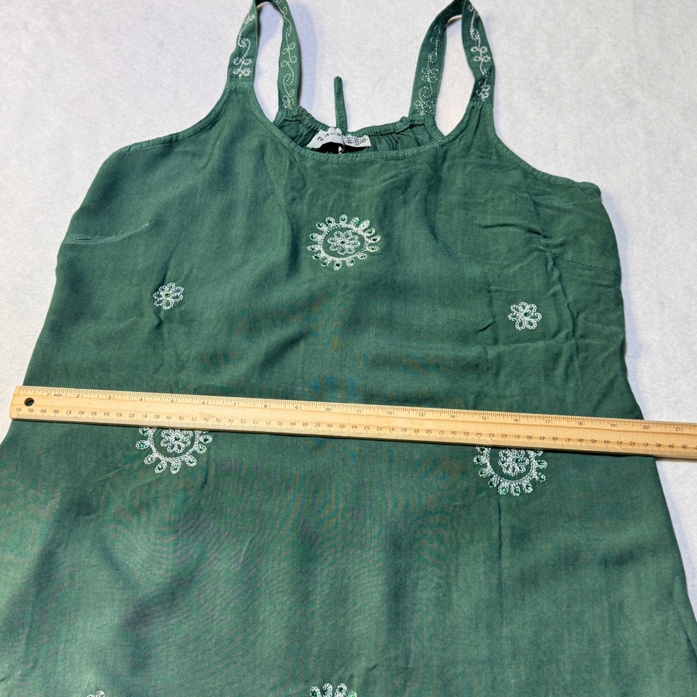 Raya Sun Embroidered Shift Dress Womens M Green Boho Beaded Cottagecore Festival - Picture 7 of 7